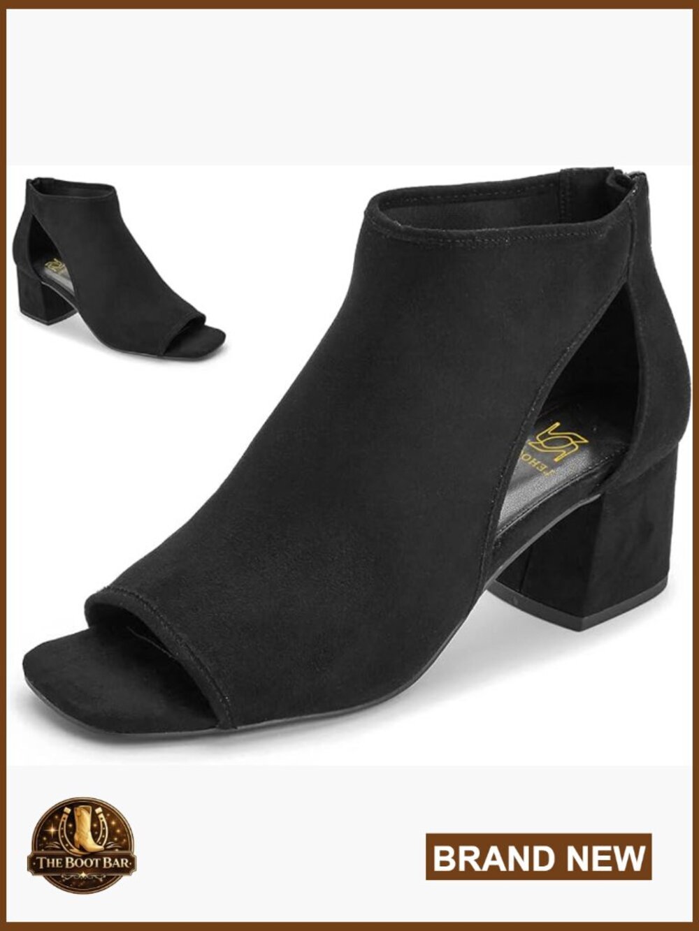 Chunky High Heel Suede Ankle Booties Open Toe Side Cut-Out Back Zipper Block